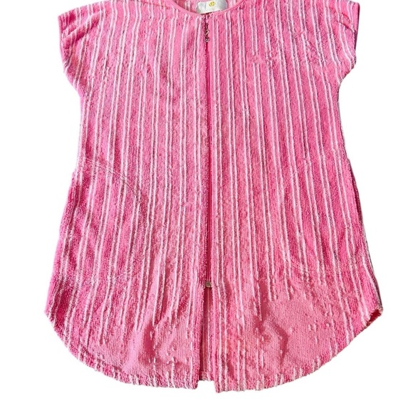 STAN HERMAN WOMEN’S TERRY CLOTH SHORT ROBE SIZE MEDIUM PINK WITH WHITE STRIPES - Picture 6 of 16